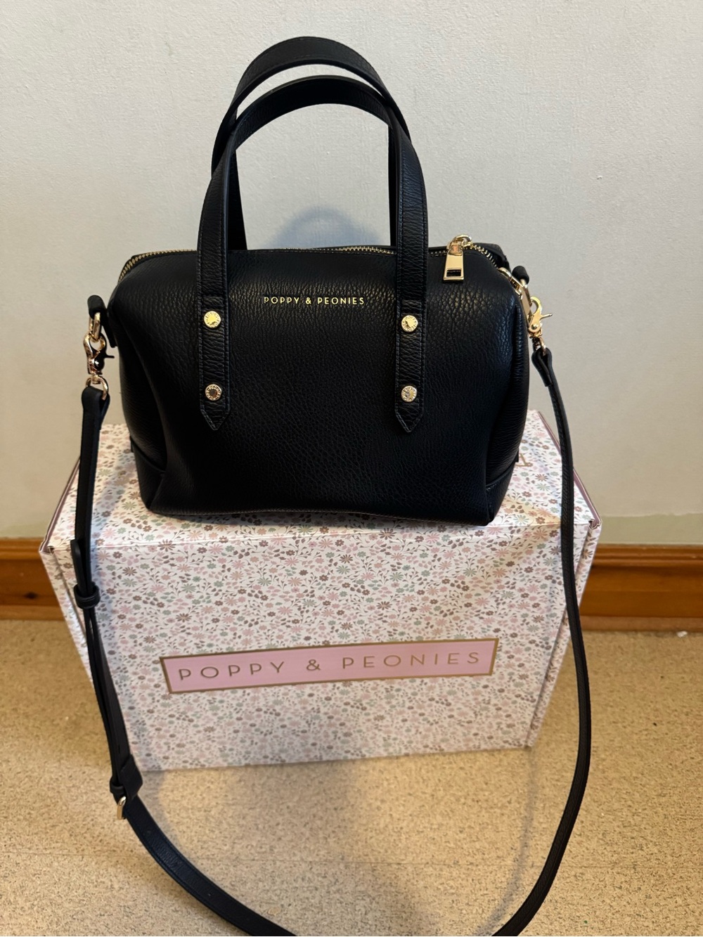 Poppy & Peonies Black Pebbled Satchel with Gold Hardware